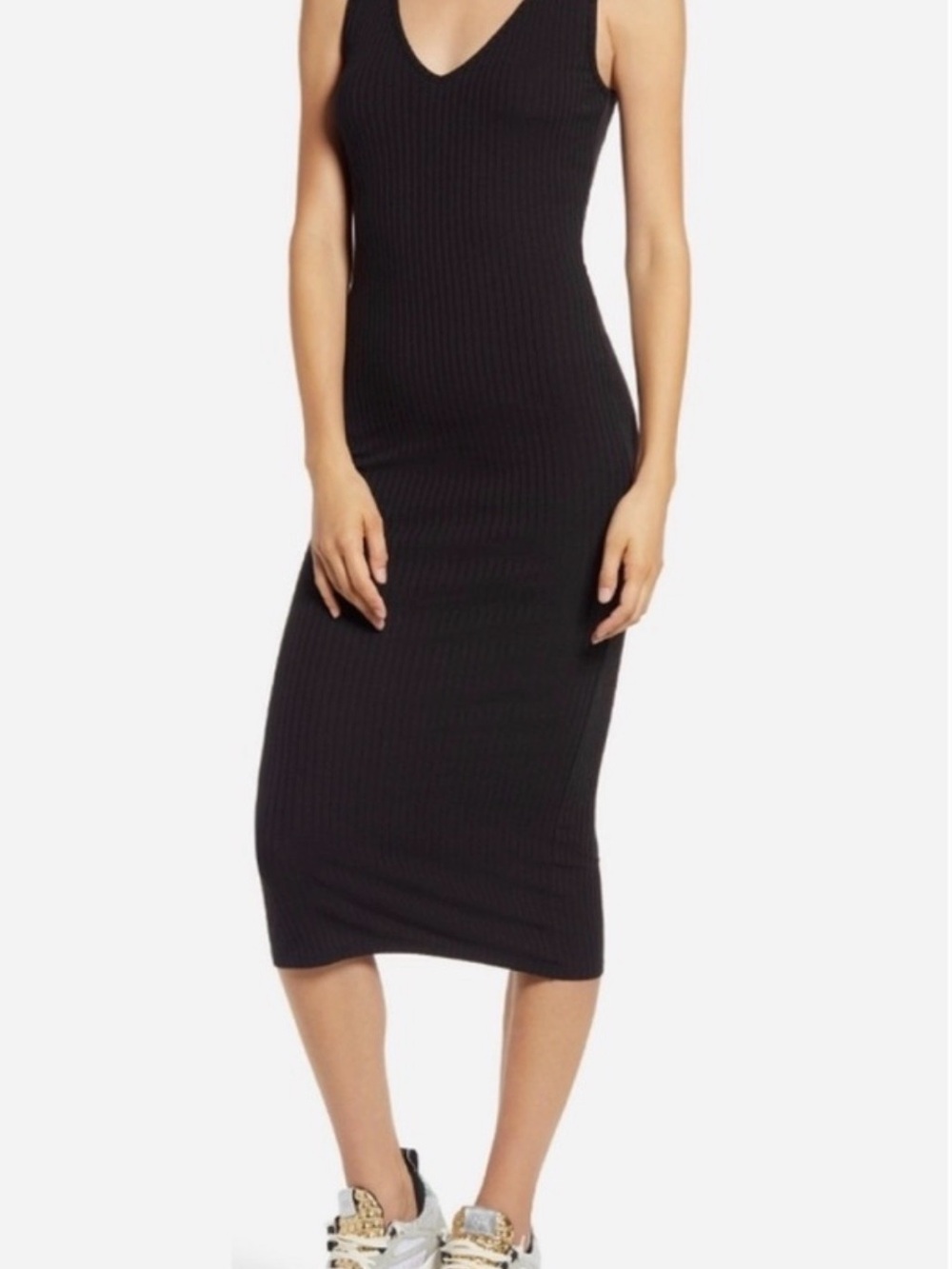 Carbon38 Black Ribbed V‑Neck Midi Dress